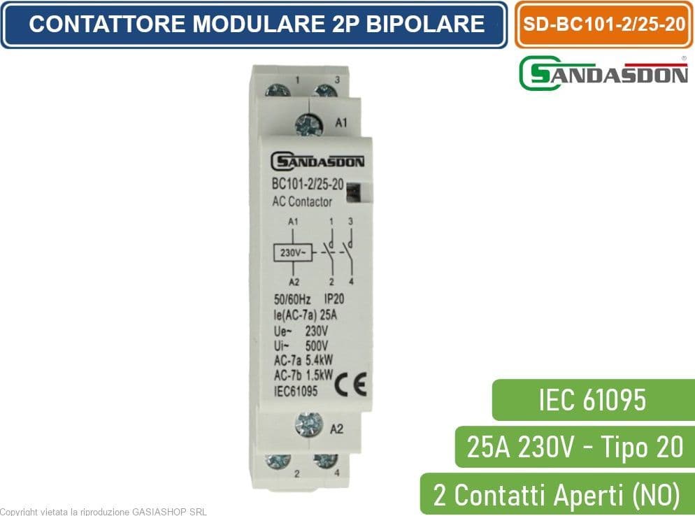 SANDASDON CONTATTORE MODULARE SU BARRA DIN 2P BIPOLARE 25A 230V 2 CONTATTI APERTI NO TIPO 20 - 3