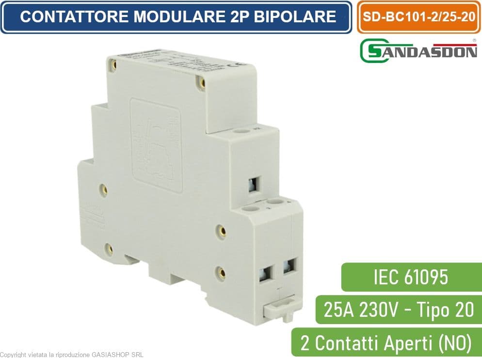 SANDASDON CONTATTORE MODULARE SU BARRA DIN 2P BIPOLARE 25A 230V 2 CONTATTI APERTI NO TIPO 20 - 2