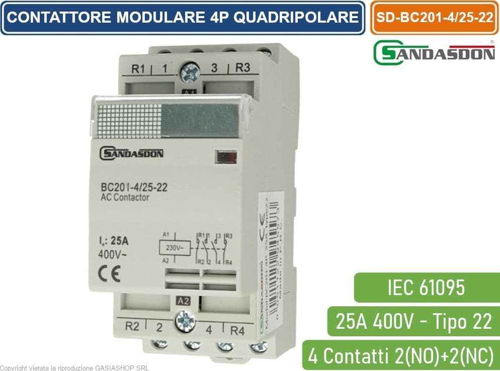 SANDASDON CONTATTORE MODULARE SU BARRA DIN 4P 25A 400V 2 CONTATTI APERTI NO + 2 CONTATTI CHIUSI NC TIPO 22 - 3