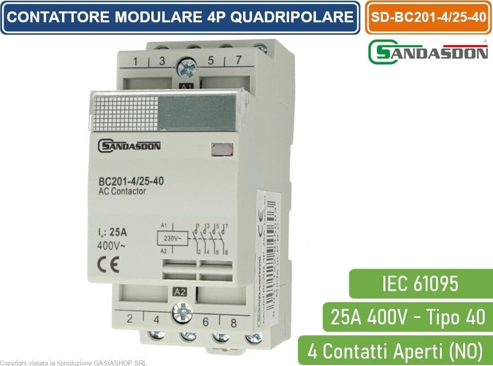 SANDASDON CONTATTORE MODULARE SU BARRA DIN 4P 25A 400V 4 CONTATTI APERTI NO TIPO 40 - 3