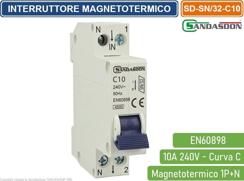 SANDASDON INTERRUTTORE MEGNETOTERMICO PER BARRA DIN 1 MODULO 1P+N 240V CURVA C 4.5KA 10A - 3