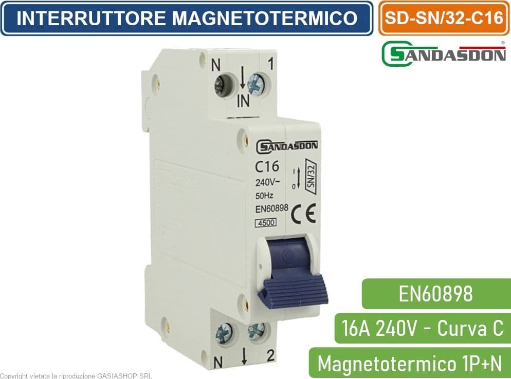SANDASDON INTERRUTTORE MEGNETOTERMICO PER BARRA DIN 1 MODULO 1P+N 240V CURVA C 4.5KA 16A - 3