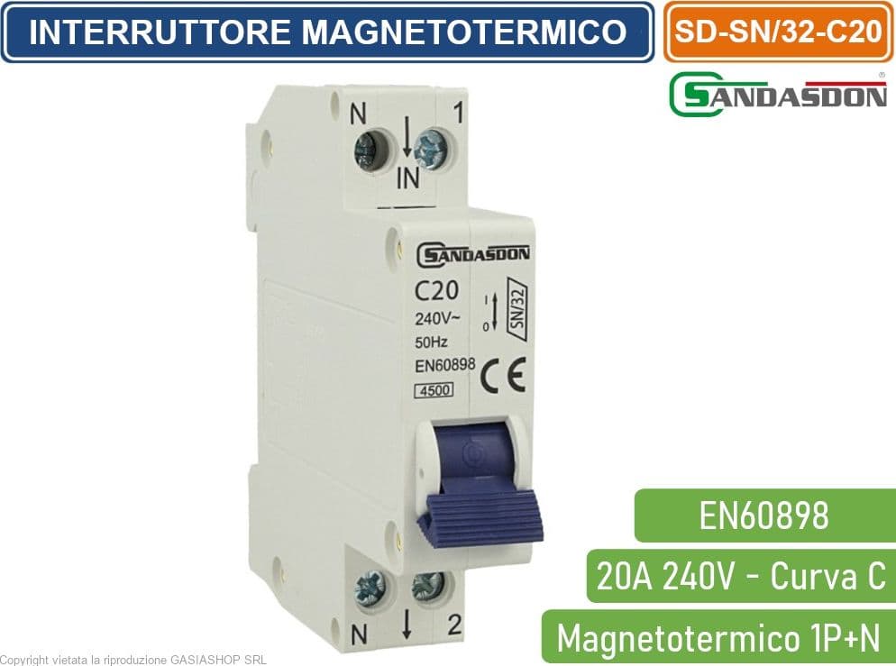 SANDASDON INTERRUTTORE MEGNETOTERMICO PER BARRA DIN 1 MODULO 1P+N 240V CURVA C 4.5KA 20A