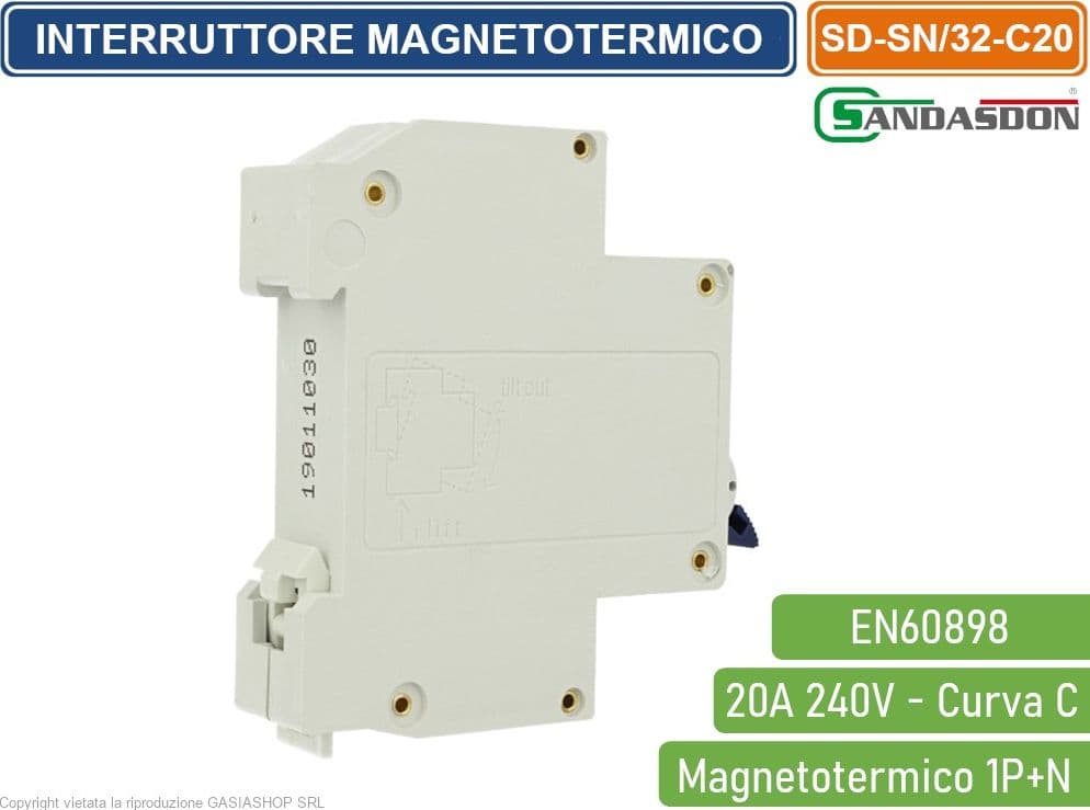 SANDASDON INTERRUTTORE MEGNETOTERMICO PER BARRA DIN 1 MODULO 1P+N 240V CURVA C 4.5KA 20A - 2