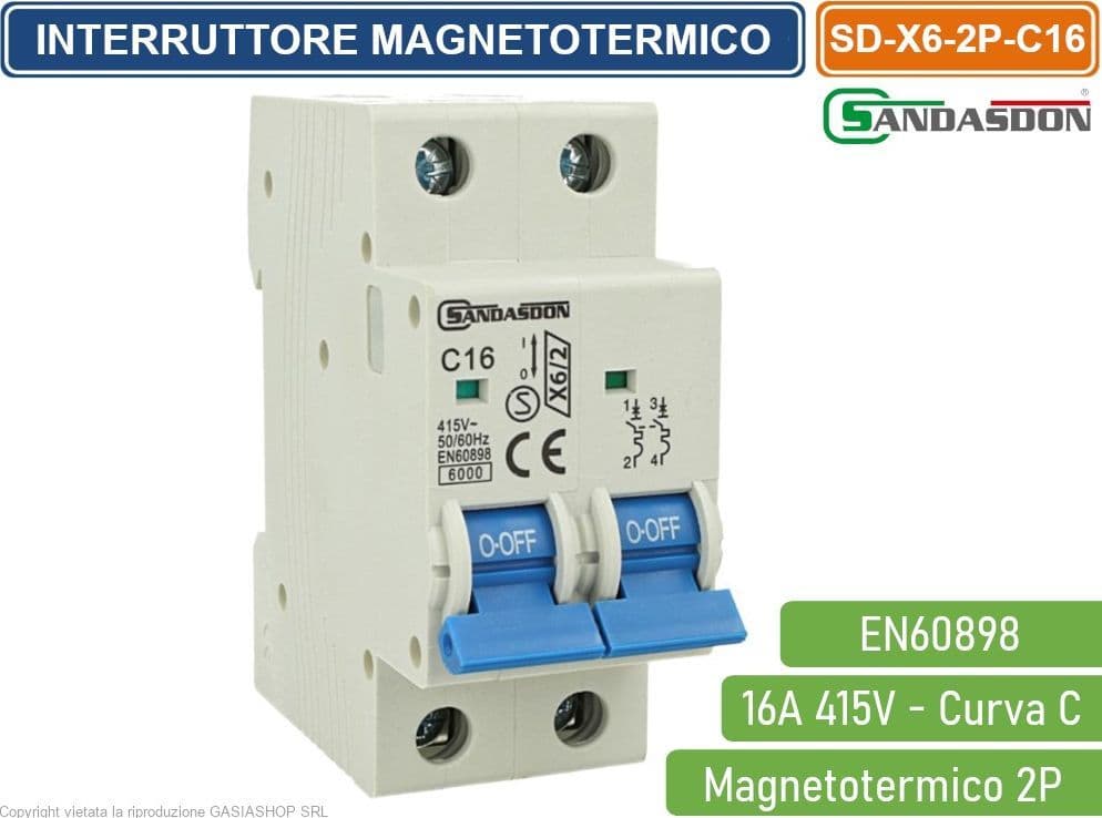 SANDASDON INTERRUTTORE MEGNETOTERMICO PER BARRA DIN 2 MODULI 2P 415V CURVA C 6KA 16A - 3