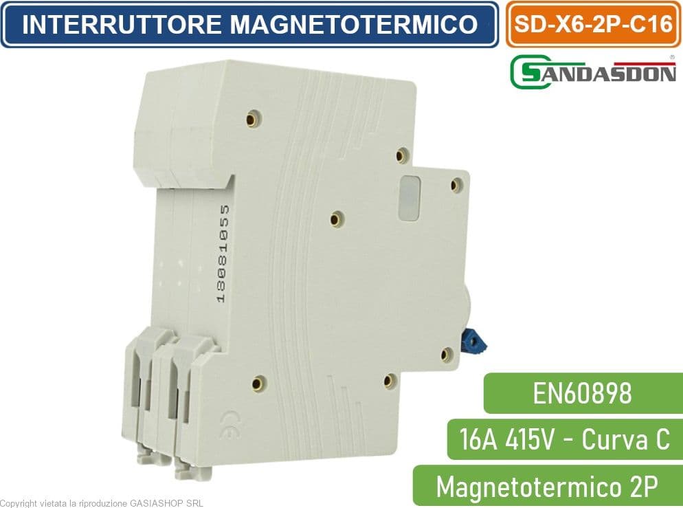 SANDASDON INTERRUTTORE MEGNETOTERMICO PER BARRA DIN 2 MODULI 2P 415V CURVA C 6KA 16A - 2