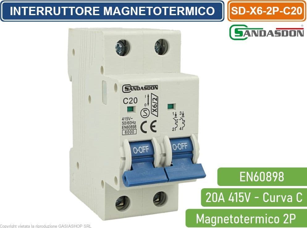 SANDASDON INTERRUTTORE MEGNETOTERMICO PER BARRA DIN 2 MODULI 2P 415V CURVA C 6KA 20A - 3