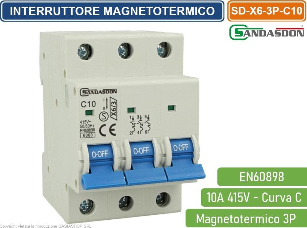 SANDASDON INTERRUTTORE MEGNETOTERMICO PER BARRA DIN 3 MODULI 3P 415V CURVA C 6KA 10A - 3