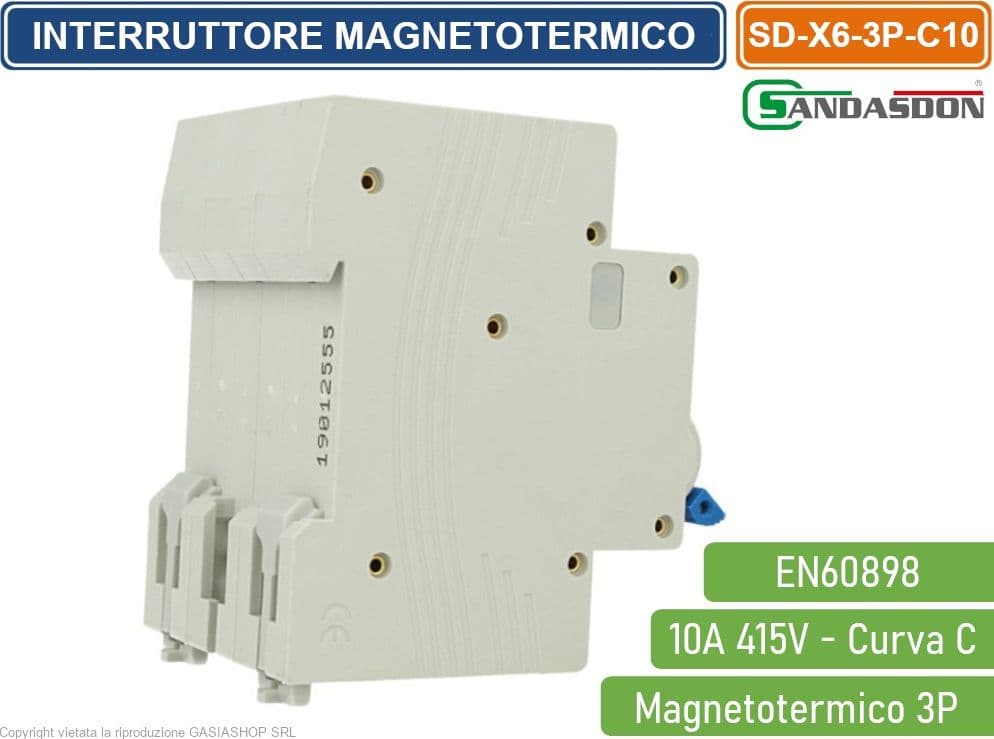 SANDASDON INTERRUTTORE MEGNETOTERMICO PER BARRA DIN 3 MODULI 3P 415V CURVA C 6KA 10A - 2