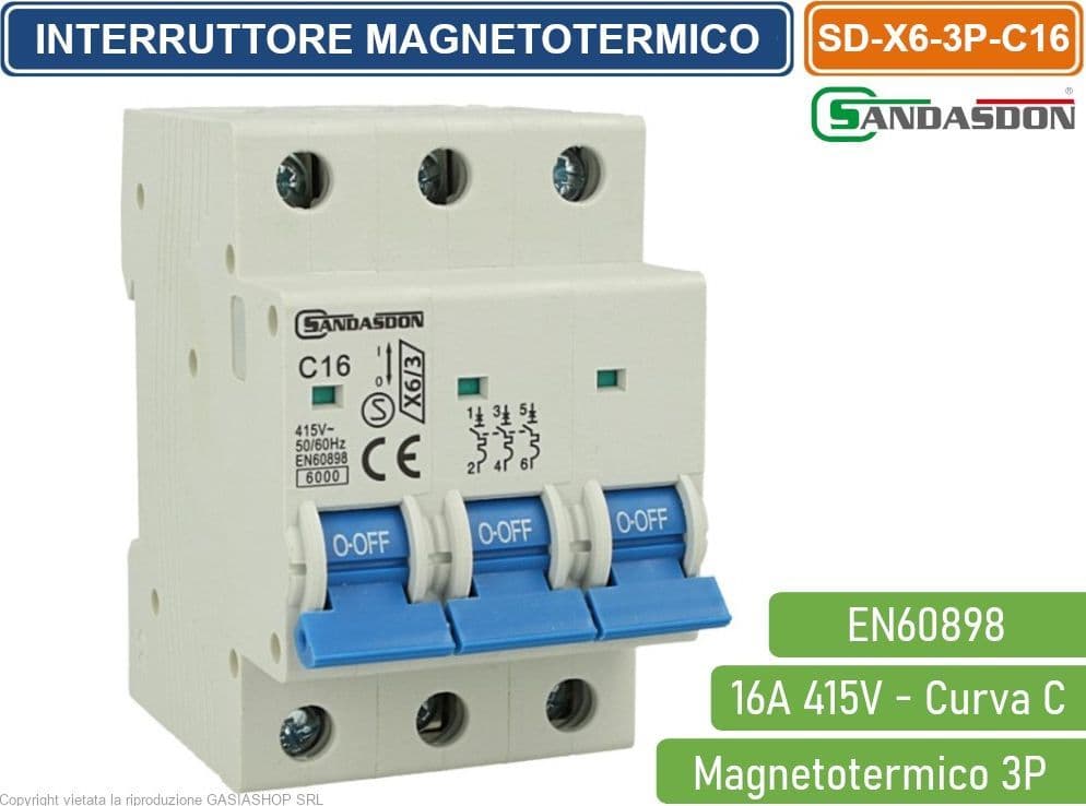SANDASDON INTERRUTTORE MEGNETOTERMICO PER BARRA DIN 3 MODULI 3P 415V CURVA C 6KA 16A - 3