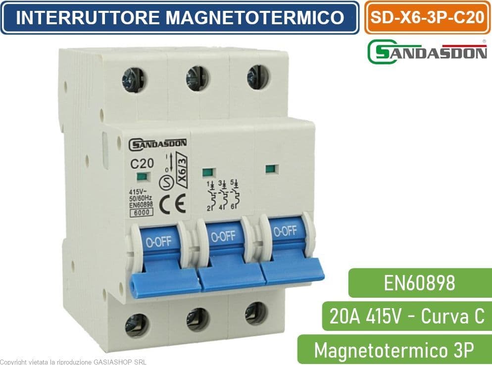SANDASDON INTERRUTTORE MEGNETOTERMICO PER BARRA DIN 3 MODULI 3P 415V CURVA C 6KA 20A - 3