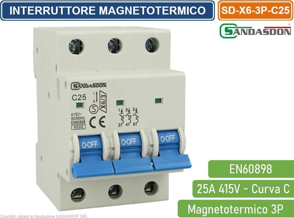SANDASDON INTERRUTTORE MEGNETOTERMICO PER BARRA DIN 3 MODULI 3P 415V CURVA C 6KA 25A - 3