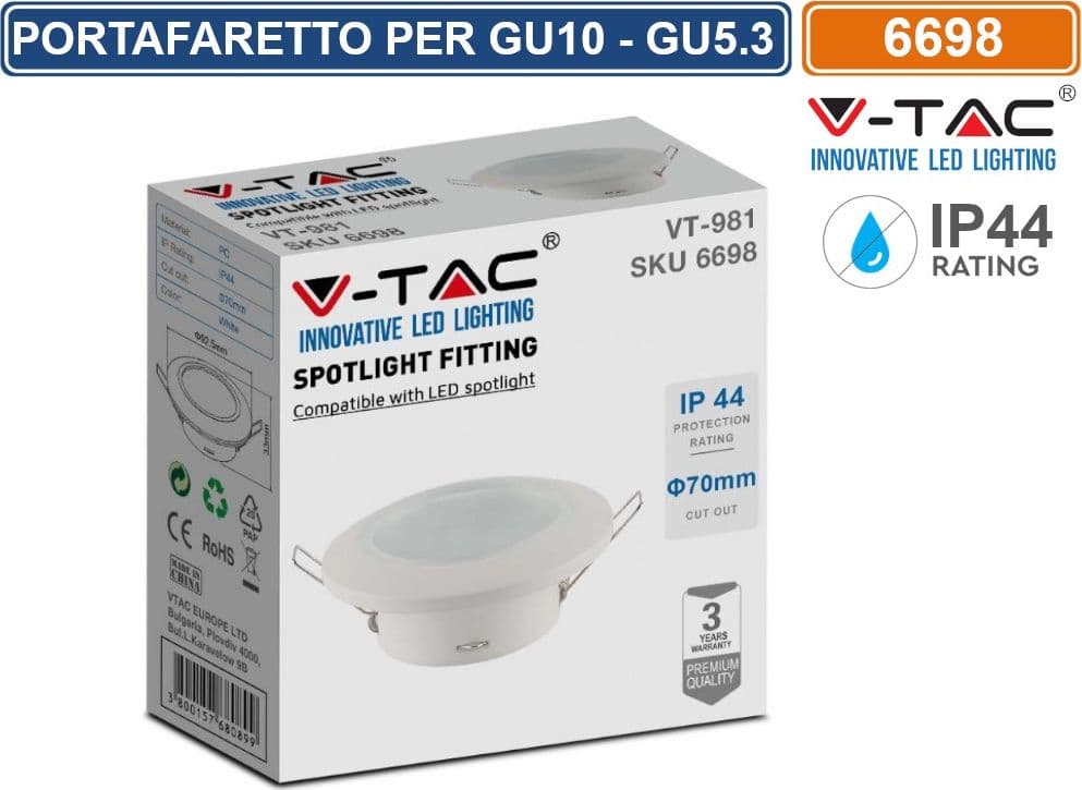 V-TAC VT-981 PORTAFARETTO ROTONDO FISSO DA INCASSO PER LAMPADINE GU10 BIANCO IP44 - SKU 6698 - 2