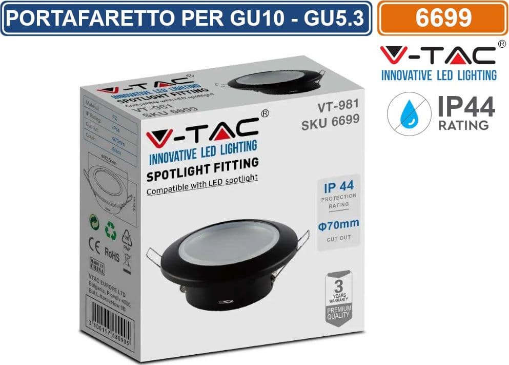 V-TAC VT-981 PORTAFARETTO ROTONDO FISSO DA INCASSO PER LAMPADINE GU10 NERO IP44 - SKU 6699 - 2