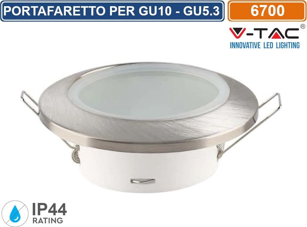 V-TAC VT-981 PORTAFARETTO ROTONDO FISSO DA INCASSO PER LAMPADINE GU10 NICKEL SATINATO IP44 - SKU 6700