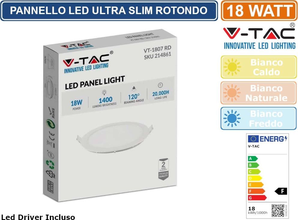 V-TAC VT-1807 RD PANNELLO LED ROTONDO 18W SMD DA INCASSO CON DRIVER - SKU 214860 / 214861 / 214862 - 3