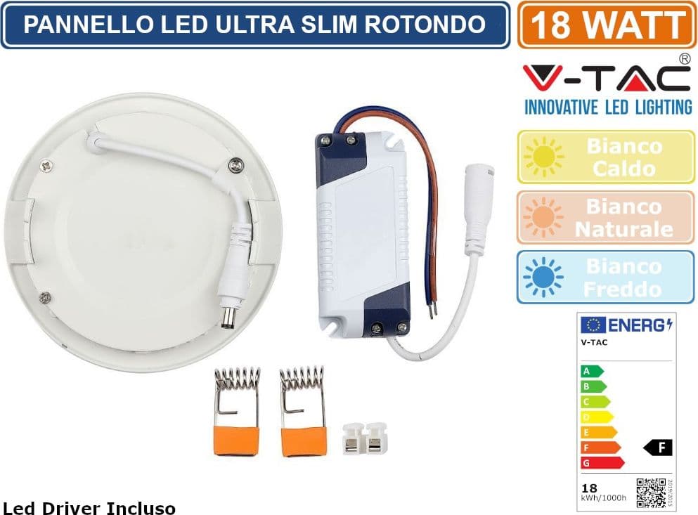 V-TAC VT-1807 RD PANNELLO LED ROTONDO 18W SMD DA INCASSO CON DRIVER - SKU 214860 / 214861 / 214862 - 4