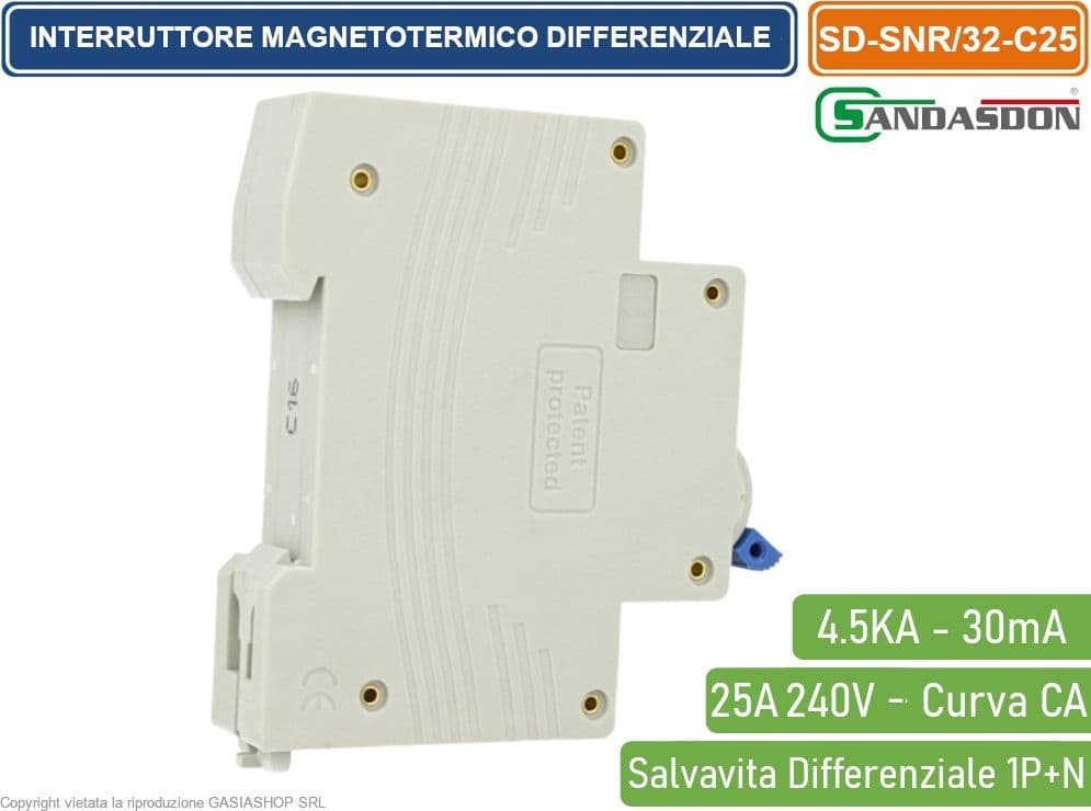 SANDASDON INTERRUTTORE MAGNETOTERMICO DIFFERENZIALE SALVAVITA PER BARRA DIN 1 MODULI 1P+N 25A C25 240V 30mA 4.5KA - 2