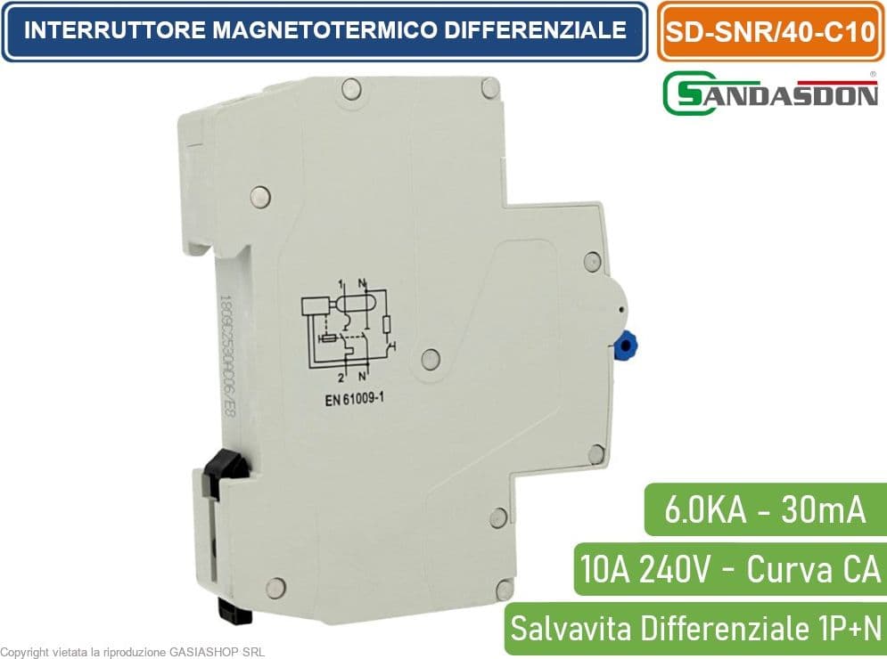 SANDASDON INTERRUTTORE MAGNETOTERMICO DIFFERENZIALE SALVAVITA PER BARRA DIN 1 MODULI 1P+N 10A C10 240V 30mA 6KA - 2