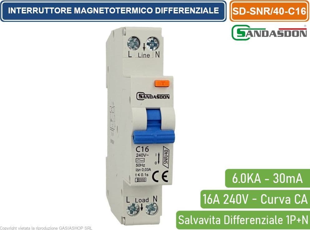 SANDASDON INTERRUTTORE MAGNETOTERMICO DIFFERENZIALE SALVAVITA PER BARRA DIN 1 MODULI 1P+N 16A C16 240V 30mA 6KA - 3