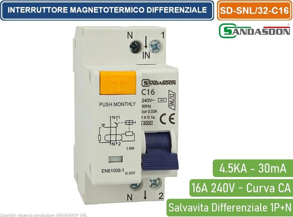 SANDASDON INTERRUTTORE MAGNETOTERMICO DIFFERENZIALE SALVAVITA PER BARRA DIN 2 MODULI 1P+N 16A C16 240V 30mA 4.5KA - 3