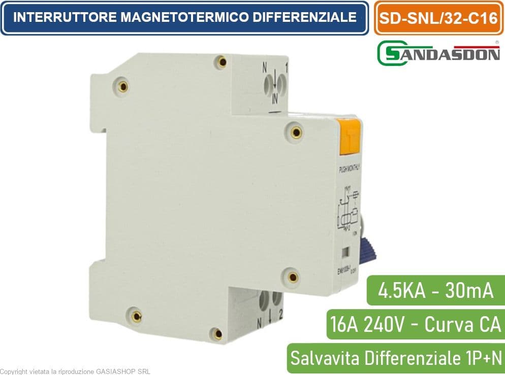 SANDASDON INTERRUTTORE MAGNETOTERMICO DIFFERENZIALE SALVAVITA PER BARRA DIN 2 MODULI 1P+N 16A C16 240V 30mA 4.5KA - 2