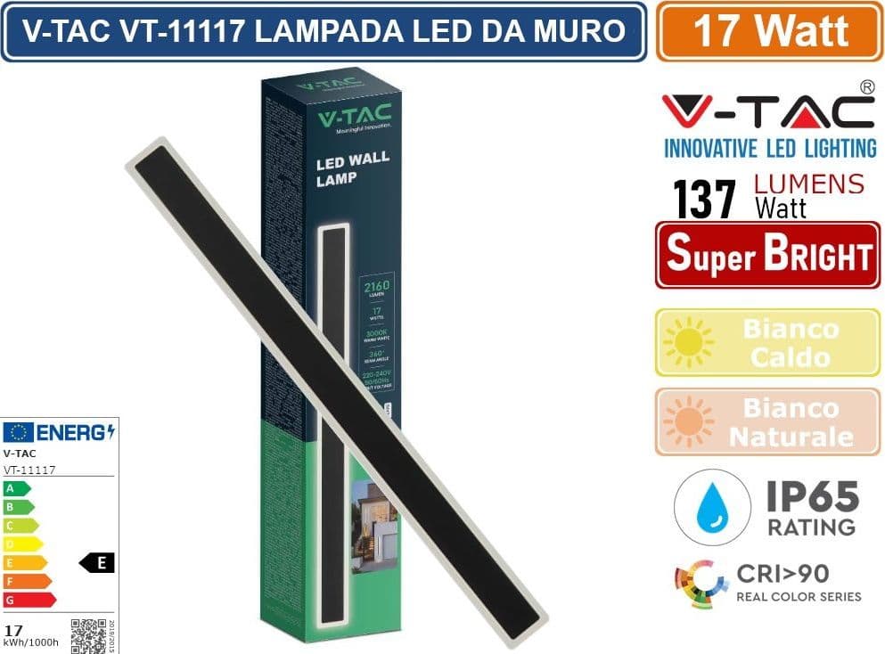 V-TAC VT-11117 LAMPADA LED DA MURO 17W WALL LAMP SMD APPLIQUE CRI≥90 IP65 COLORE NERO - SKU 6830 / 6831 - 5