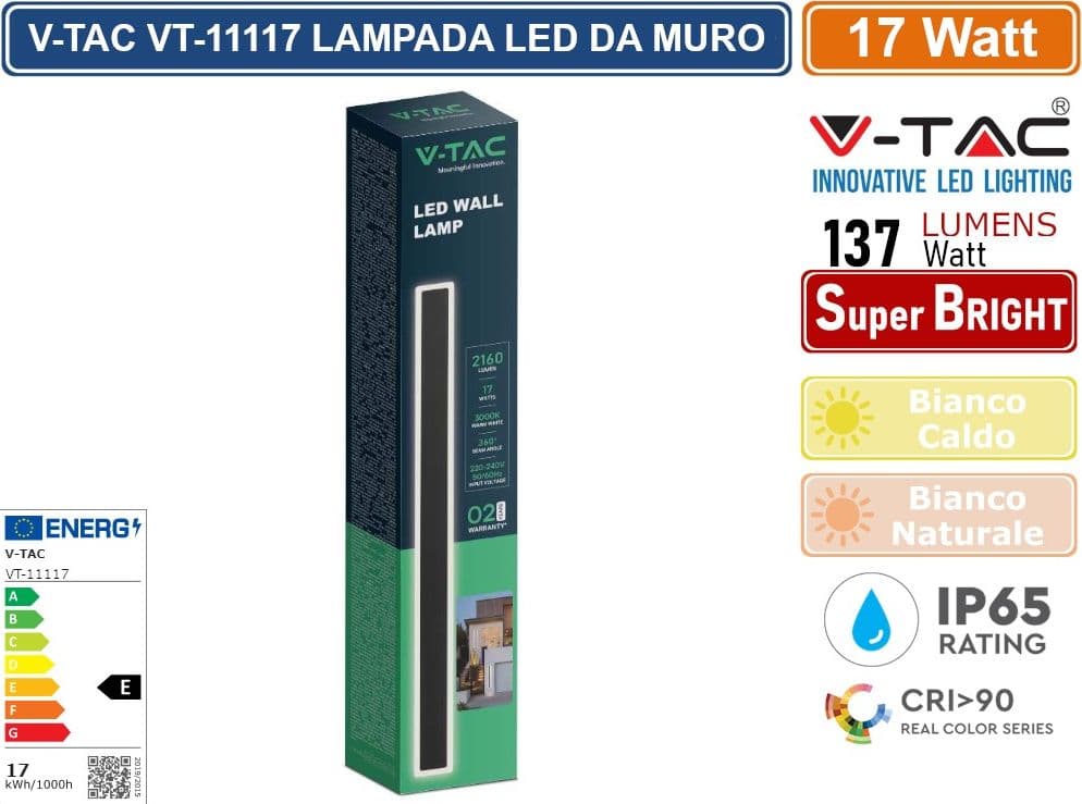 V-TAC VT-11117 LAMPADA LED DA MURO 17W WALL LAMP SMD APPLIQUE CRI≥90 IP65 COLORE NERO - SKU 6830 / 6831 - 2