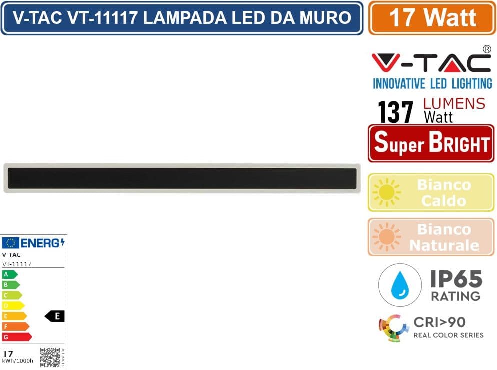 V-TAC VT-11117 LAMPADA LED DA MURO 17W WALL LAMP SMD APPLIQUE CRI≥90 IP65 COLORE NERO - SKU 6830 / 6831 - 3