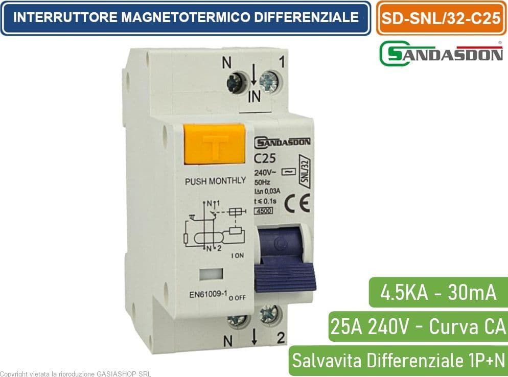 SANDASDON INTERRUTTORE MAGNETOTERMICO DIFFERENZIALE SALVAVITA PER BARRA DIN 2 MODULI 1P+N 25A C25 240V 30mA 4.5KA - 3