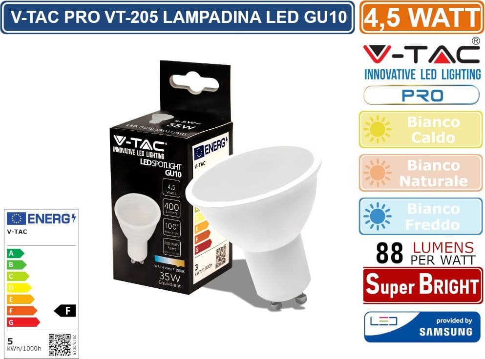 V-TAC PRO VT-205 LAMPADINA LED GU10 4,5W FARETTO SPOTLIGHT CHIP SAMSUNG 100° - SKU 21201 / 21202 / 21203 - 3