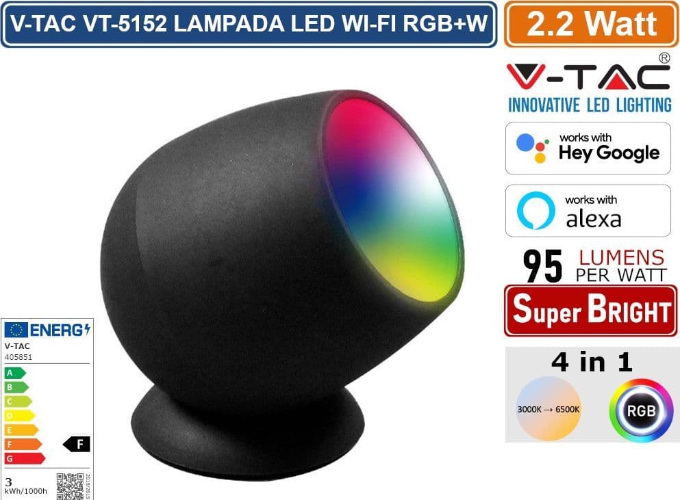 V-TAC SMART VT-5152 LAMPADA LED DA TAVOLO 2.2W WI-FI RGB+W CHANGING COLOR CCT DIMMERABILE COLORE NERO - SKU 405851 - 4