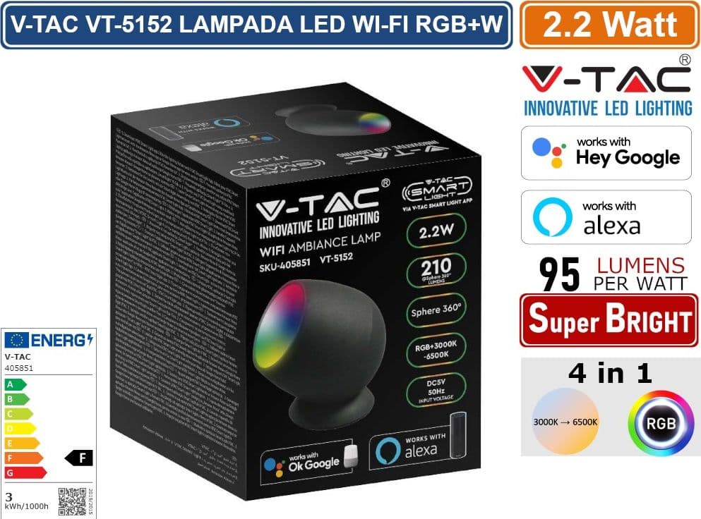V-TAC SMART VT-5152 LAMPADA LED DA TAVOLO 2.2W WI-FI RGB+W CHANGING COLOR CCT DIMMERABILE COLORE NERO - SKU 405851 - 2