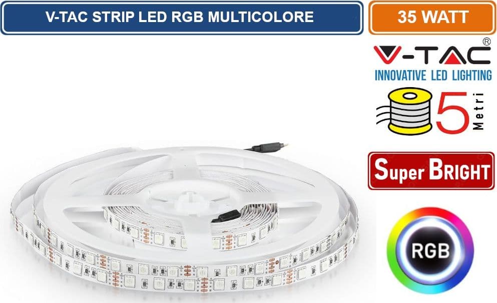 V-TAC VT-5050-60 STRISCIA LED FLESSIBILE 35W SMD RGB 60 LED/METRO 12V - BOBINA DA 5 METRI - SKU 212120