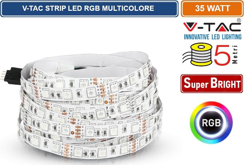 V-TAC VT-5050-60 STRISCIA LED FLESSIBILE 35W SMD RGB 60 LED/METRO 12V - BOBINA DA 5 METRI - SKU 212120 - 2