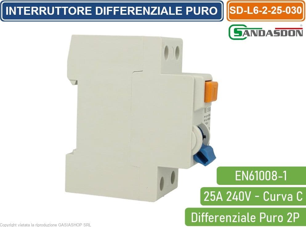 SANDASDON  DIFFERENZIALE PURO SALVAVITA PER BARRA DIN 2 MODULI 2P C25 240V 30mA 6KA - 2