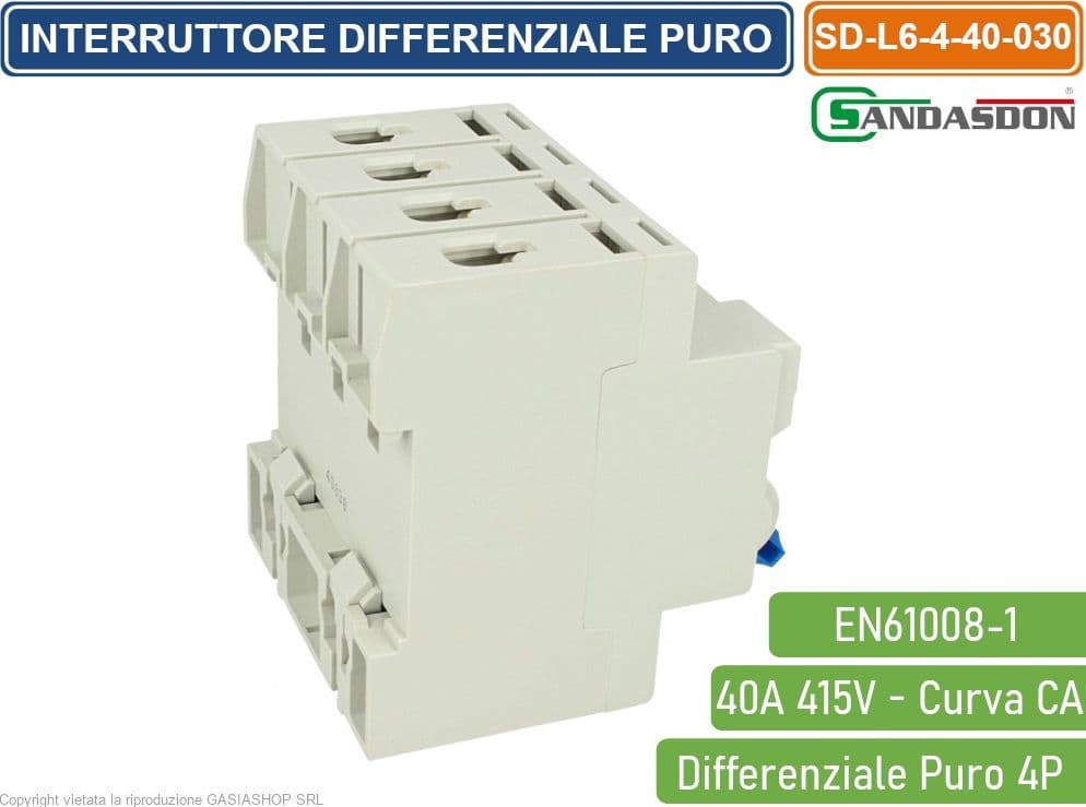 SANDASDON INTERRUTTORE MAGNETOTERMICO DIFFERENZIALE PURO SALVAVITA PER BARRA DIN 4 MODULI 4P C40 415V 30mA 6KA - 2