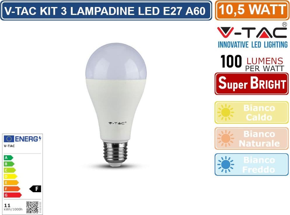 V-TAC VT-2113 SUPER SAVER PACK CONFEZIONE 3 LAMPADINE LED E27 11W BULB A60 - SKU 217352 / 217353 / 217354 - 2