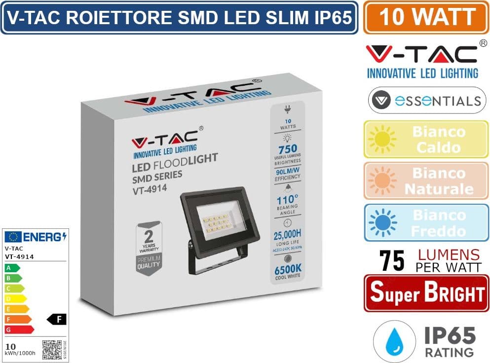 V-TAC VT-4914-B ESSENTIALS SERIES FARO LED SMD 10W ULTRA SOTTILE DA ESTERNO COLORE NERO - SKU 6727 / 6728 / 6729 - 2