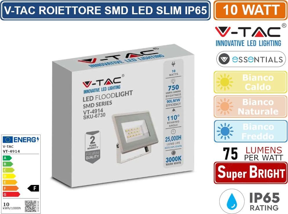 V-TAC VT-4914-W ESSENTIALS SERIES FARO LED SMD 10W ULTRA SOTTILE DA ESTERNO COLORE BIANCO - SKU 6730 / 6731 / 6732 - 2