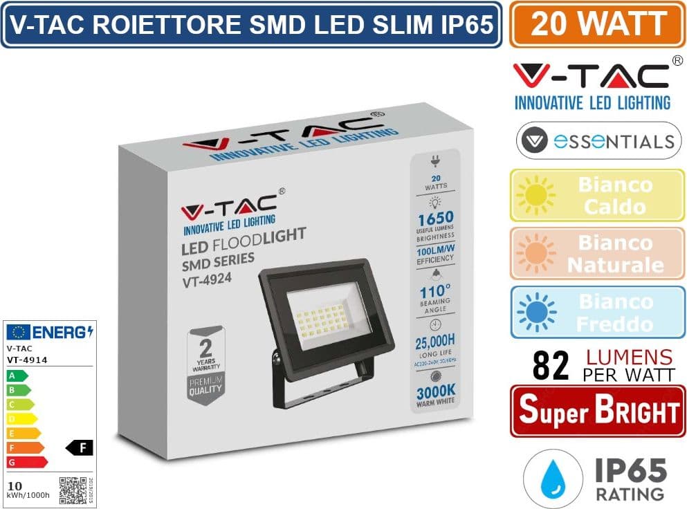 V-TAC VT-4924-B ESSENTIALS SERIES FARO LED SMD 20W ULTRA SOTTILE DA ESTERNO COLORE NERO - SKU 6737 / 6738 / 6739 - 2