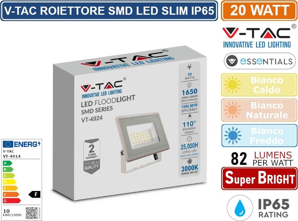 V-TAC VT-4924-W ESSENTIALS SERIES FARO LED SMD 20W ULTRA SOTTILE DA ESTERNO COLORE BIANCO - 6740 / 6741 / 6742 - 2