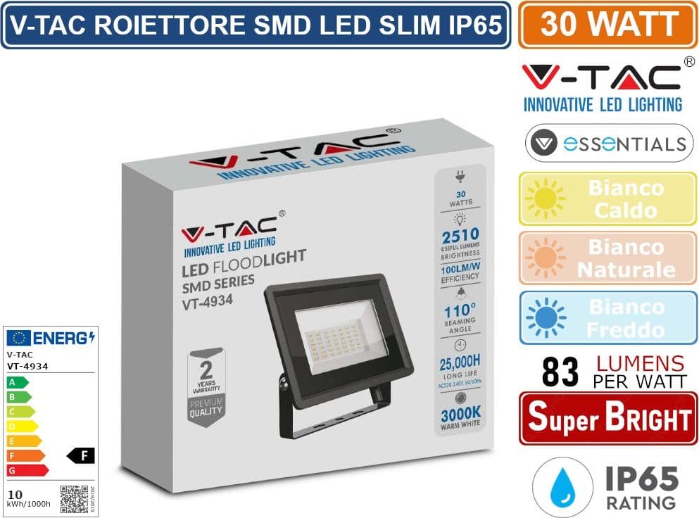 V-TAC VT-4934-B ESSENTIALS SERIES FARO LED SMD 30W ULTRA SOTTILE DA ESTERNO COLORE NERO - SKU 6743 / 6744 / 6745 - 2