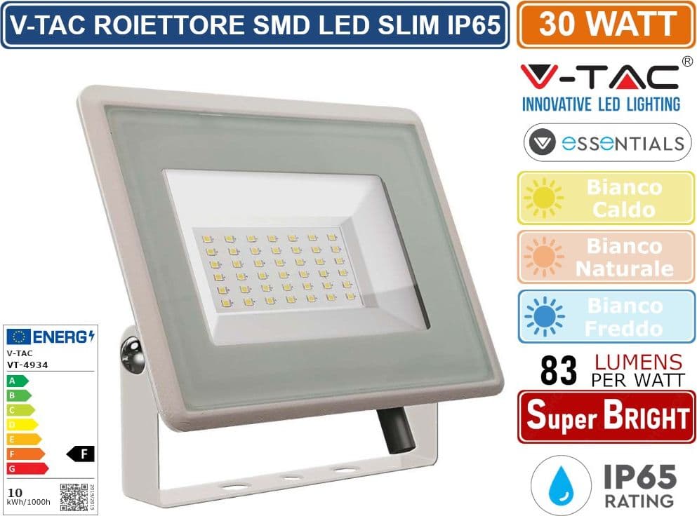 V-TAC VT-4934-W ESSENTIALS SERIES FARO LED SMD 30W ULTRA SOTTILE DA ESTERNO COLORE BIANCO - SKU 6746 / 6747 / 6748