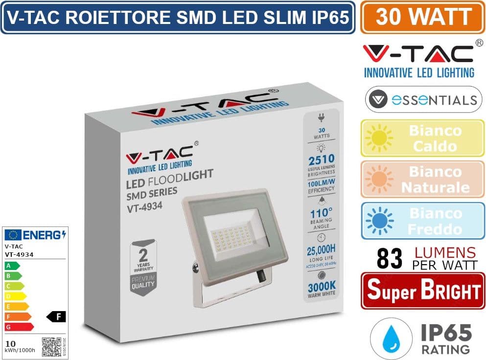 V-TAC VT-4934-W ESSENTIALS SERIES FARO LED SMD 30W ULTRA SOTTILE DA ESTERNO COLORE BIANCO - SKU 6746 / 6747 / 6748 - 2