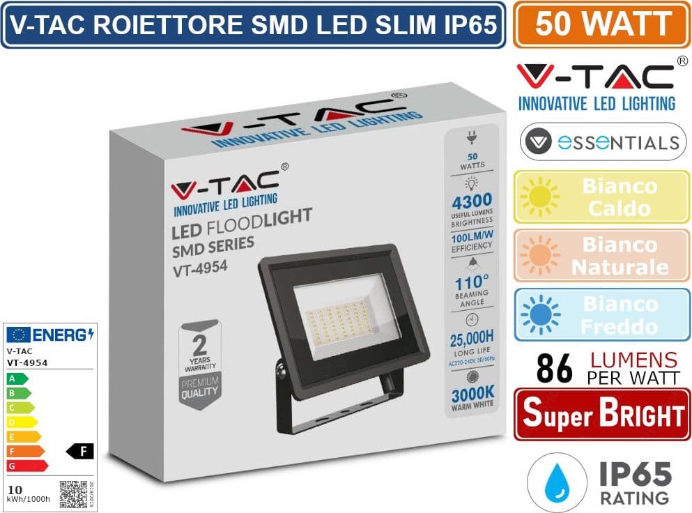 V-TAC VT-4954-B ESSENTIALS SERIES FARO LED SMD 50W ULTRA SOTTILE DA ESTERNO COLORE NERO - SKU 6749 / 6750 / 6751 - 2
