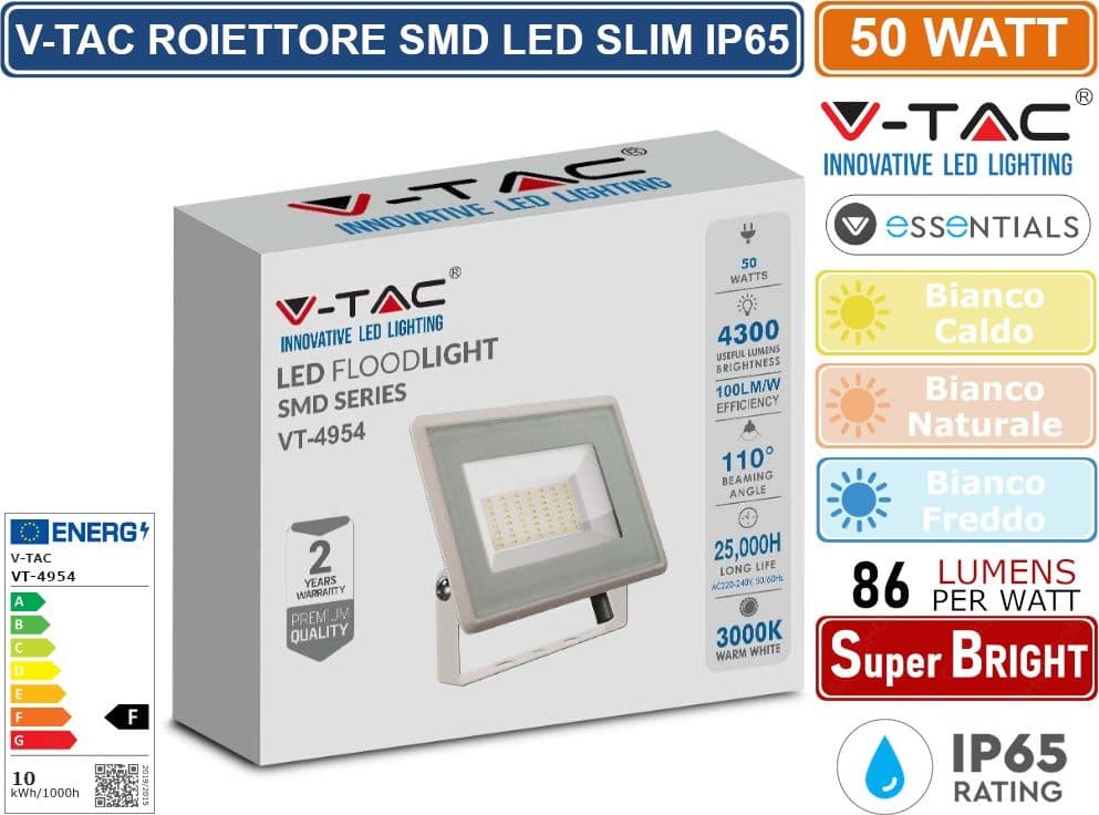 V-TAC VT-4954-W ESSENTIALS SERIES FARO LED SMD 50W ULTRA SOTTILE DA ESTERNO COLORE BIANCO - SKU 6752 / 6753 / 6754 - 2