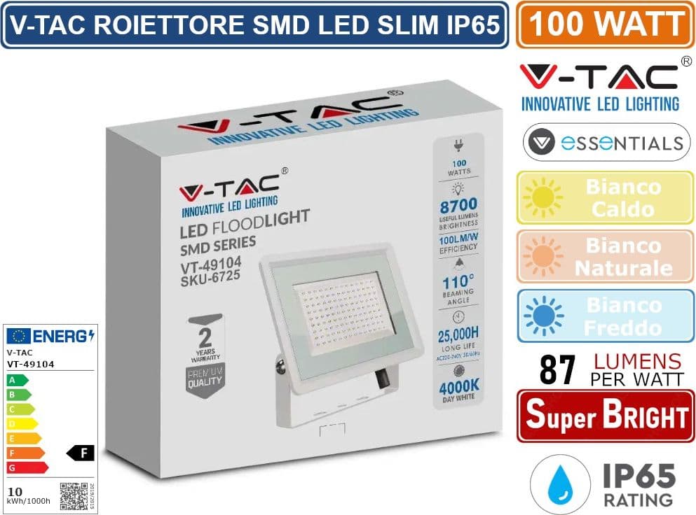 V-TAC VT-49104-W ESSENTIALS SERIES FARO LED SMD 100W ULTRA SOTTILE DA ESTERNO COLORE BIANCO - SKU 6724 / 6725 / 6726 - 2