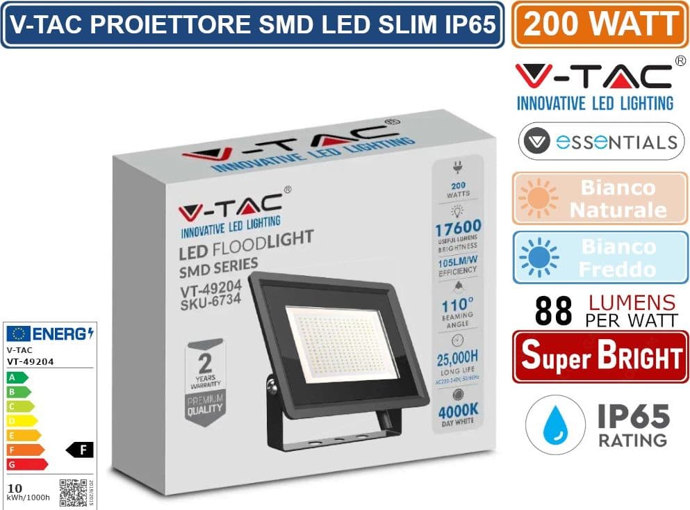 V-TAC VT-49204-B ESSENTIALS SERIES FARO LED SMD 200W ULTRA SOTTILE DA ESTERNO COLORE NERO - SKU 6733 / 6734 - 2