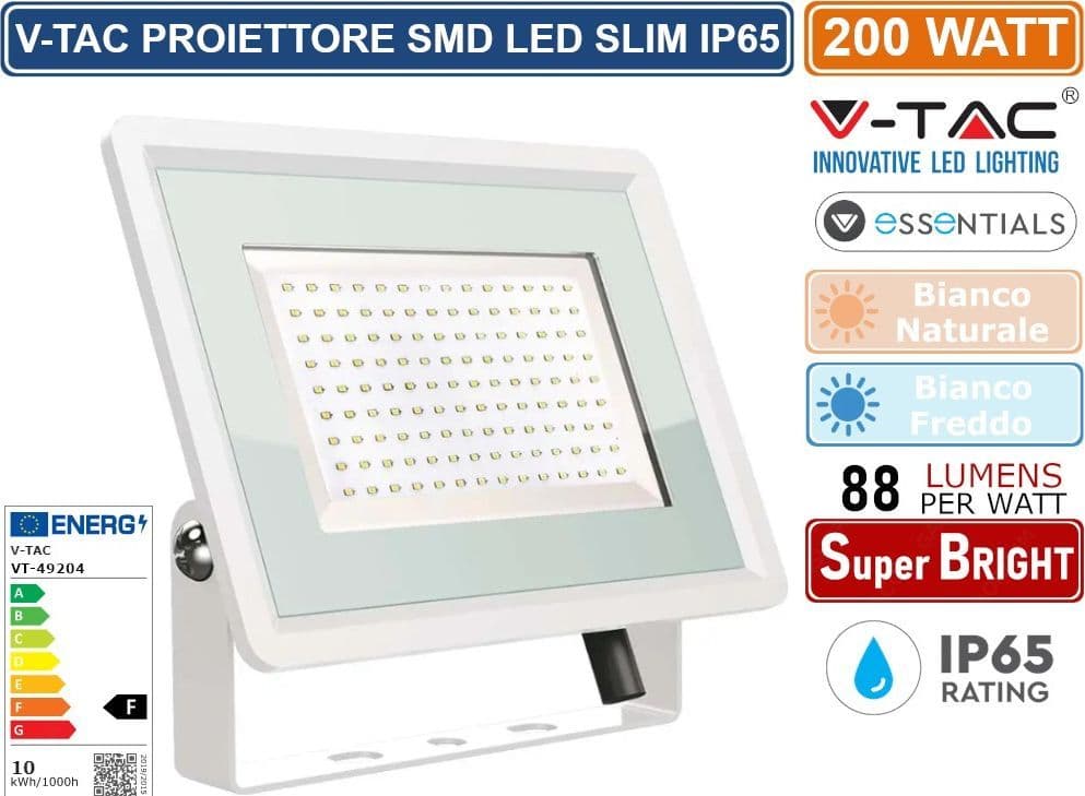 V-TAC VT-49204-W ESSENTIALS SERIES FARO LED SMD 200W ULTRA SOTTILE DA ESTERNO COLORE BIANCO - SKU 6735 / 6736 - 3